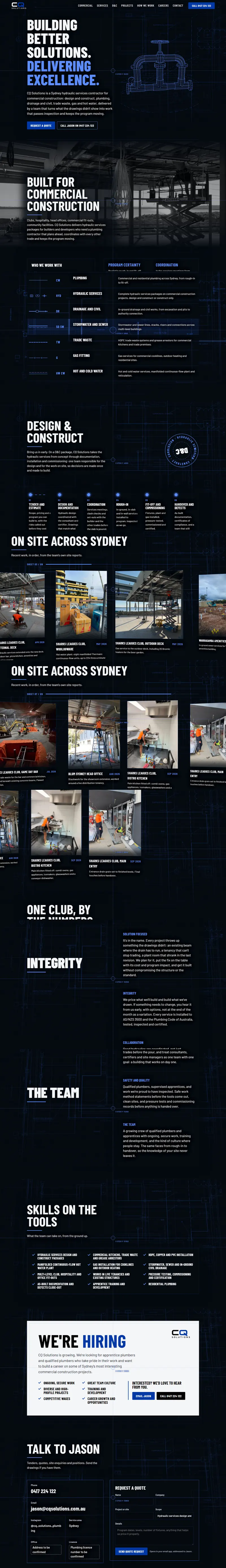 The CQ Solutions website from top to bottom: a hydraulic-drawing hero, commercial services, design and construct, on-site project photos, how they work, careers and the quote form.