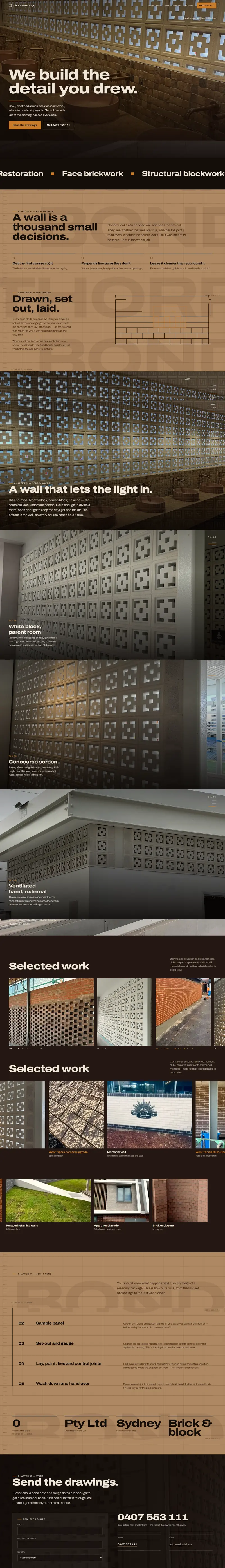 The Thorr Masonry website from top to bottom: a full-bleed screen-wall hero, a chapter on screen walls, a drawn elevation, a gallery of their own projects and the quote form.